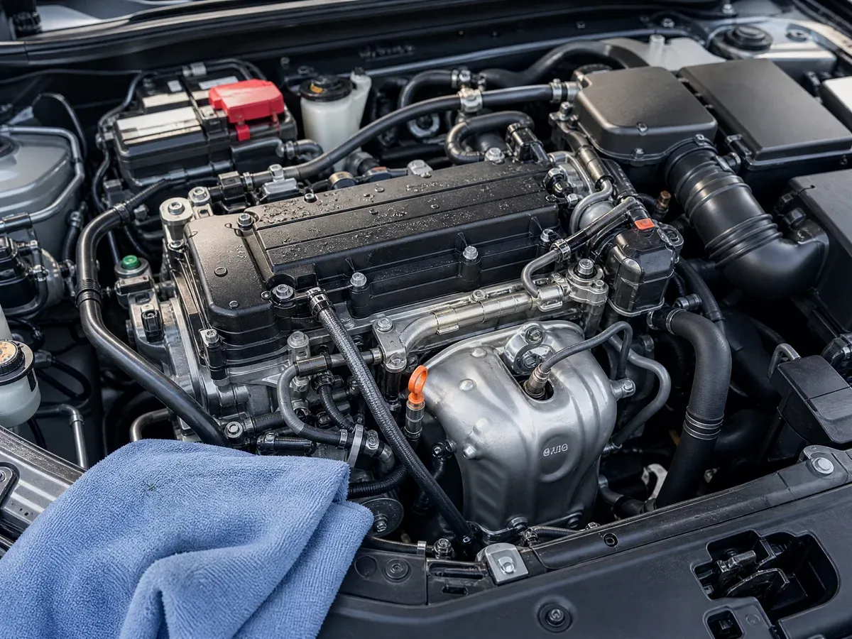 Close-up of a freshly degreased and wiped-down engine bay with clean metal surfaces — Prestige Marine & Auto Care in Seattle, WA.