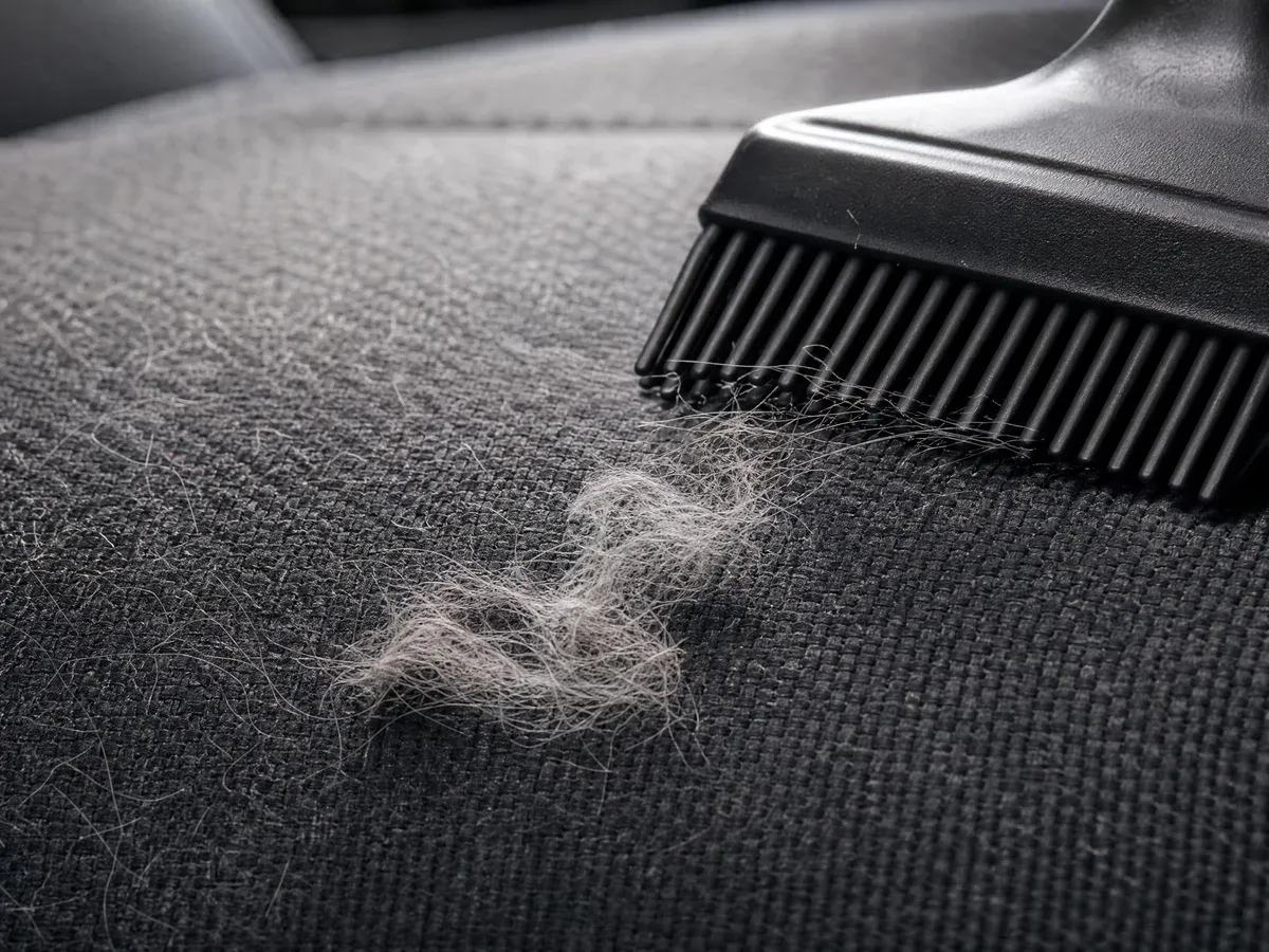 Close-up of a rubber brush lifting embedded pet hair from a woven seat fabric — Prestige Marine & Auto Care in Seattle, WA.