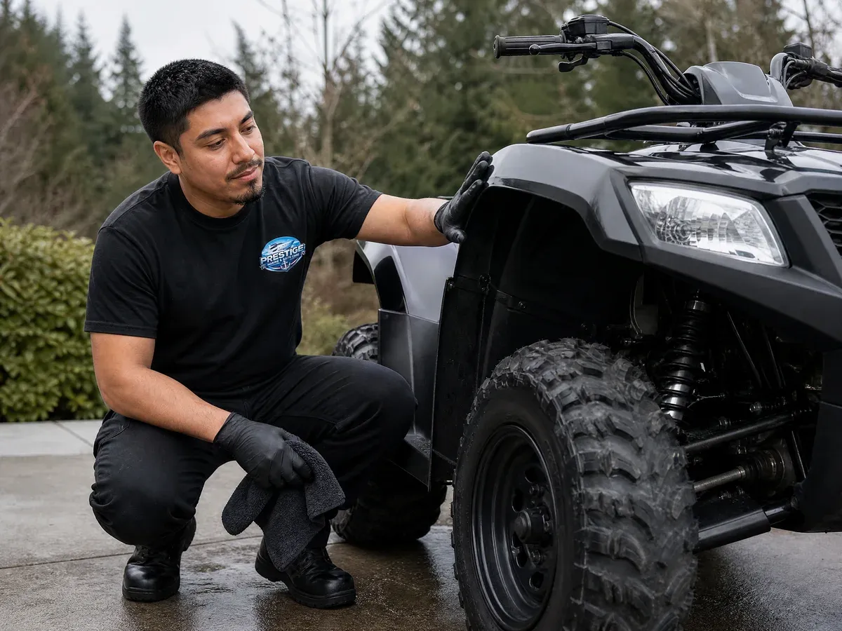 Richard inspecting a detailed ATV — Prestige Marine & Auto Care in Seattle, WA