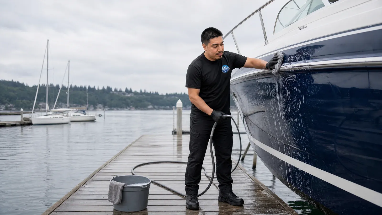 Richard Aguilera detailing a boat hull at a Seattle-area marina slip