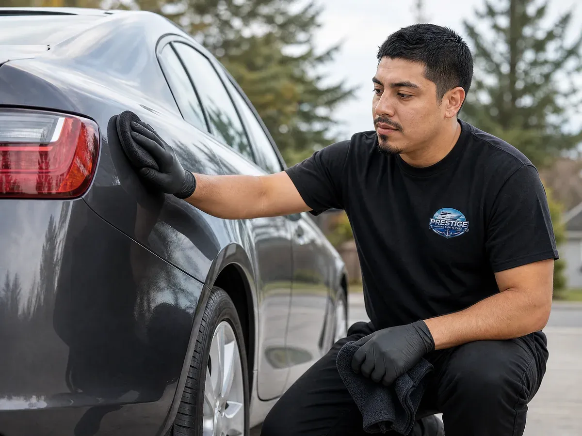 Richard inspecting paint before coating — Prestige Marine & Auto Care in Seattle, WA