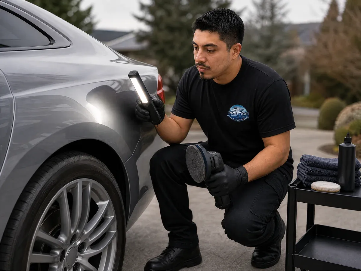 Richard Aguilera performing paint correction — Prestige Marine & Auto Care in Seattle, WA