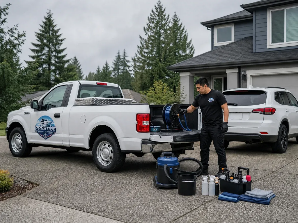 Mobile detailing unit set up on a job in Redmond — Prestige Marine & Auto Care in Redmond, WA