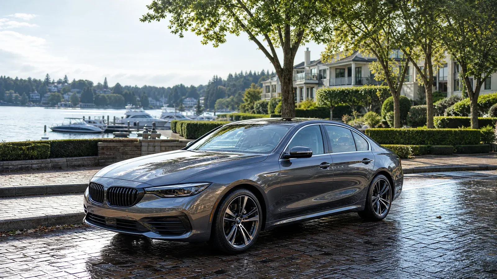 A detailed sedan parked along a lakeside brick street in an affluent waterfront neighborhood — Prestige Marine & Auto Care in Kirkland, WA.