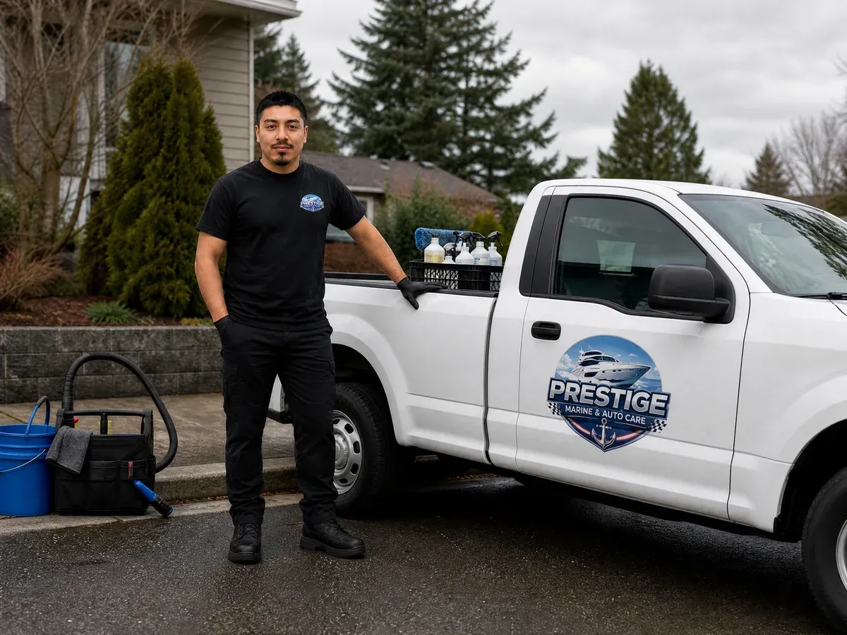 Richard Aguilera beside the mobile detailing van — Prestige Marine & Auto Care in Seattle, WA