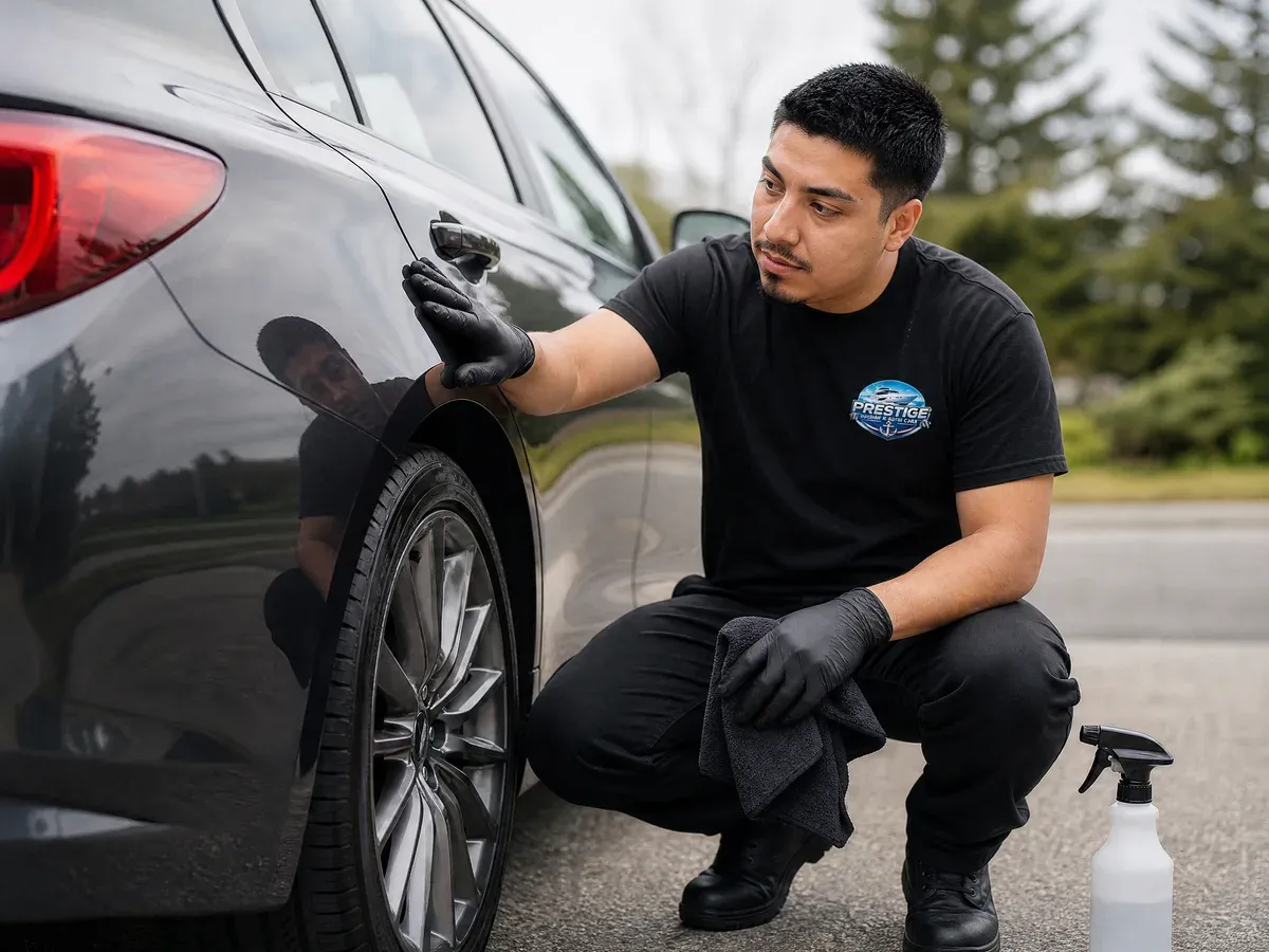 Richard Aguilera inspecting a panel — Prestige Marine & Auto Care in Seattle, WA