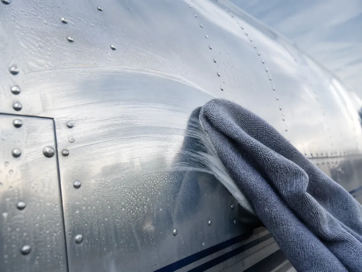 Close-up detail of aircraft skin cleaning — Prestige Marine & Auto Care in Seattle, WA