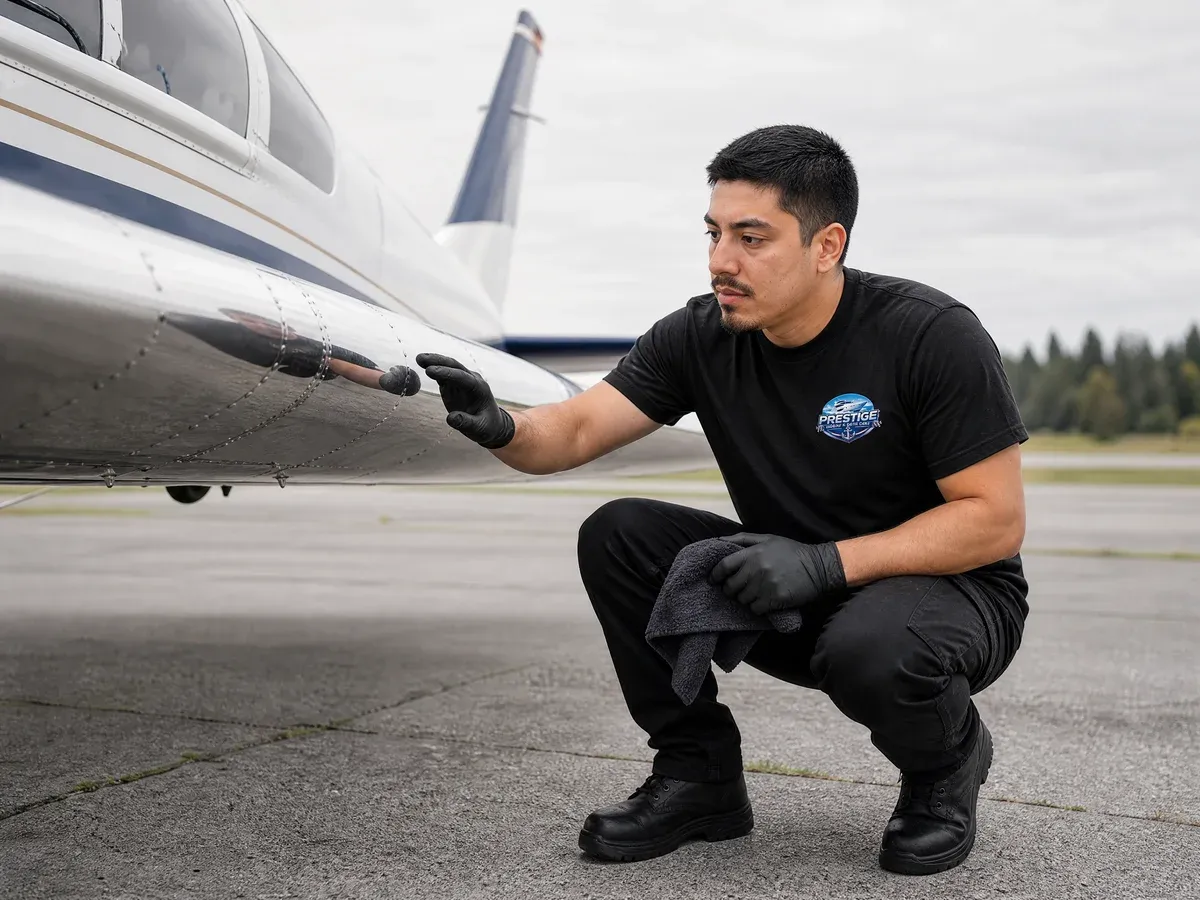 Owner inspecting aircraft finish — Prestige Marine & Auto Care in Seattle, WA