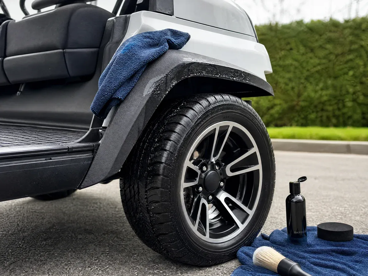 Wheel and trim detail on a golf cart — Prestige Marine & Auto Care in Seattle, WA