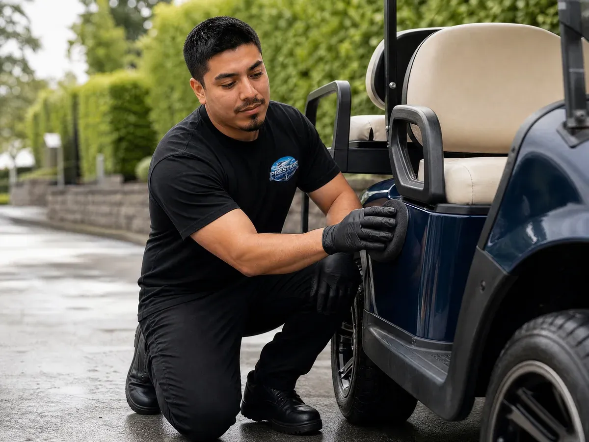 Owner detailing a golf cart step by step — Prestige Marine & Auto Care in Seattle, WA