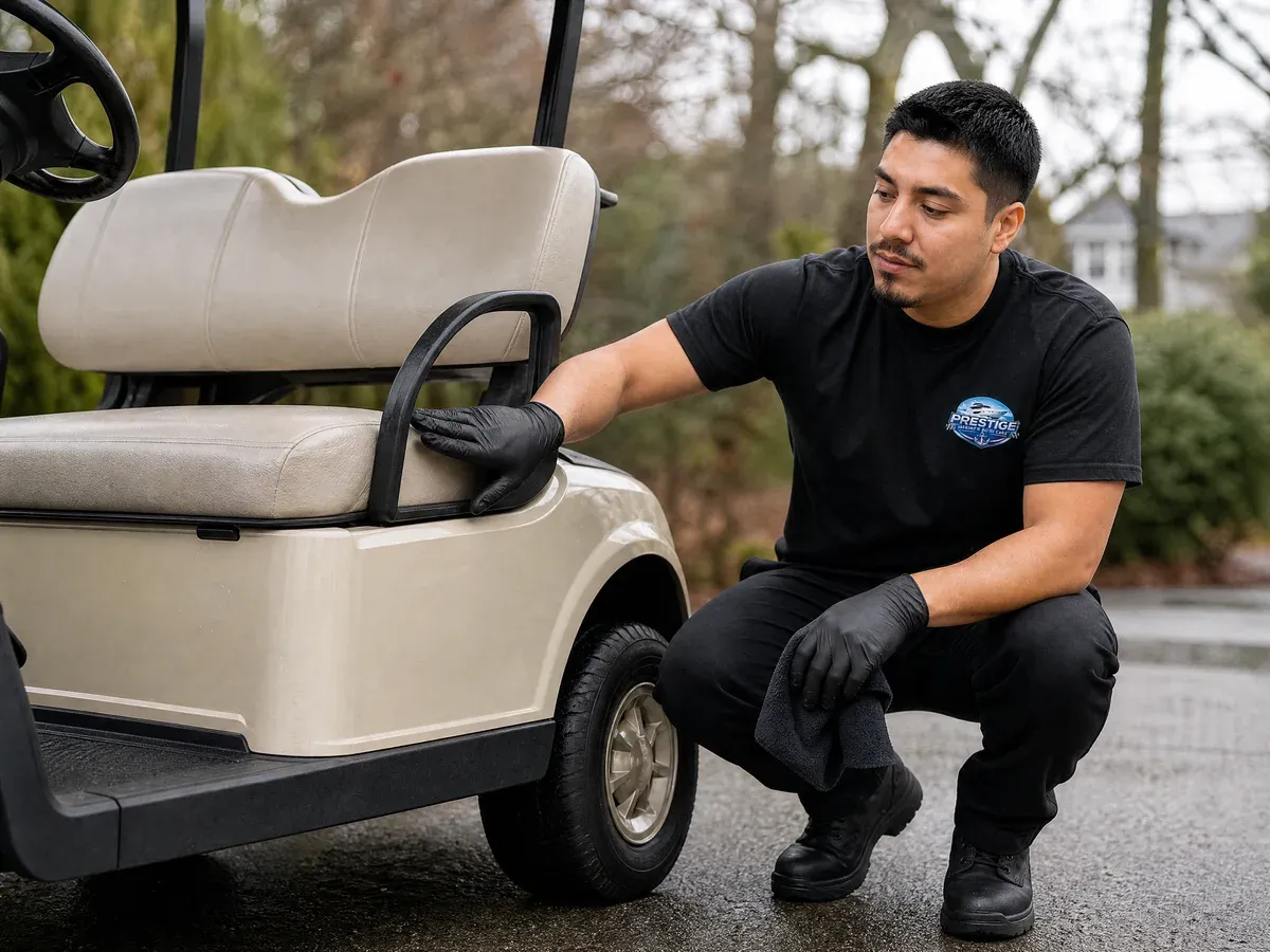 Owner inspecting a detailed golf cart — Prestige Marine & Auto Care in Seattle, WA