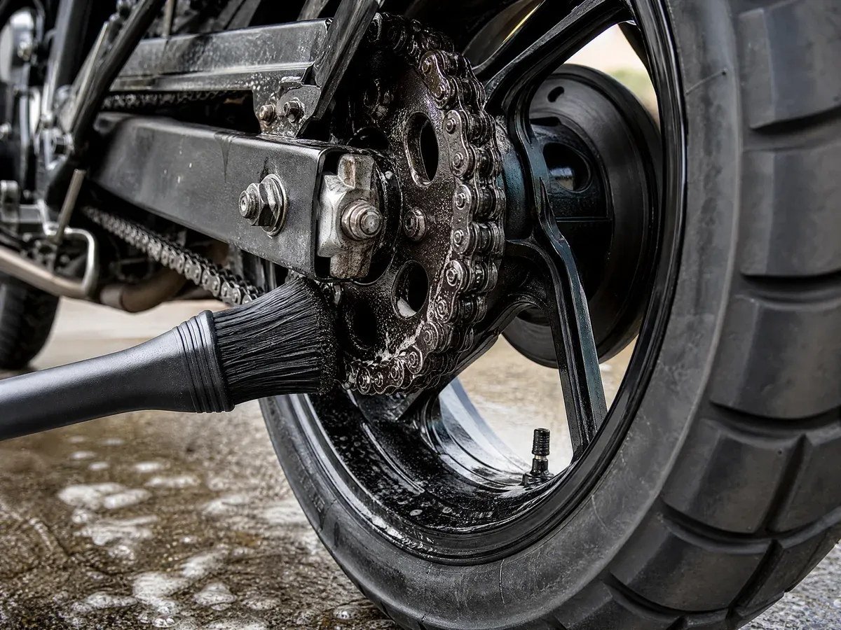 Wheel and chain detailing on a motorcycle — Prestige Marine & Auto Care in Seattle, WA