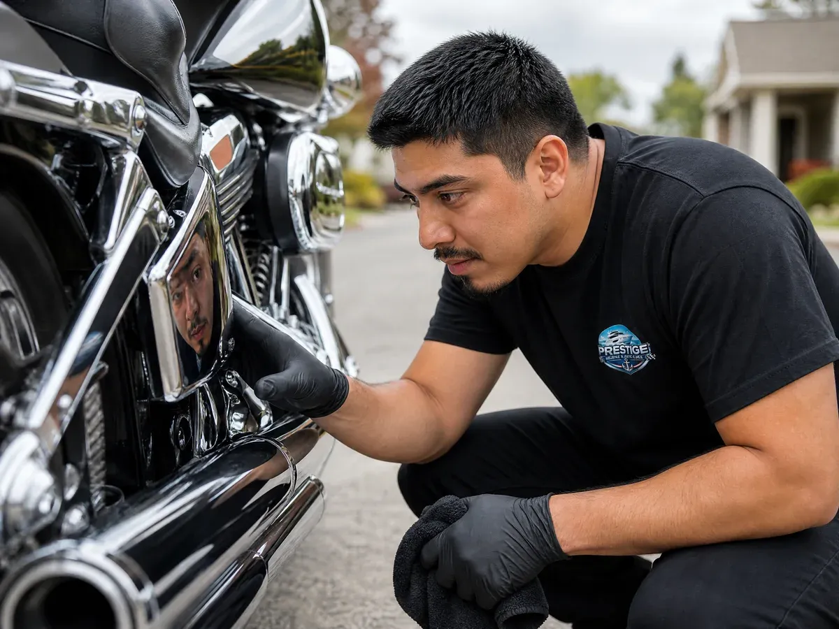 Owner inspecting motorcycle finish — Prestige Marine & Auto Care in Seattle, WA